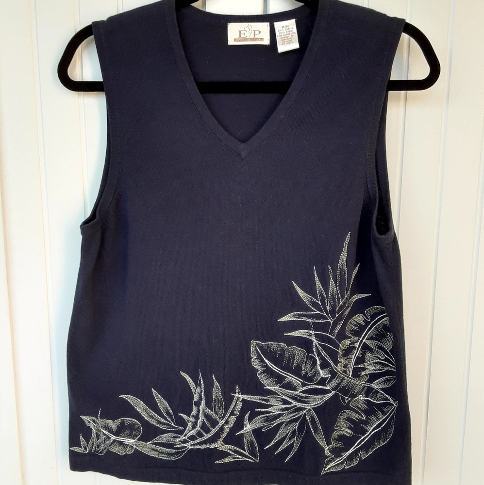 E P Pro Golf Sweater Tank, Navy with Tropical Design, Size M
